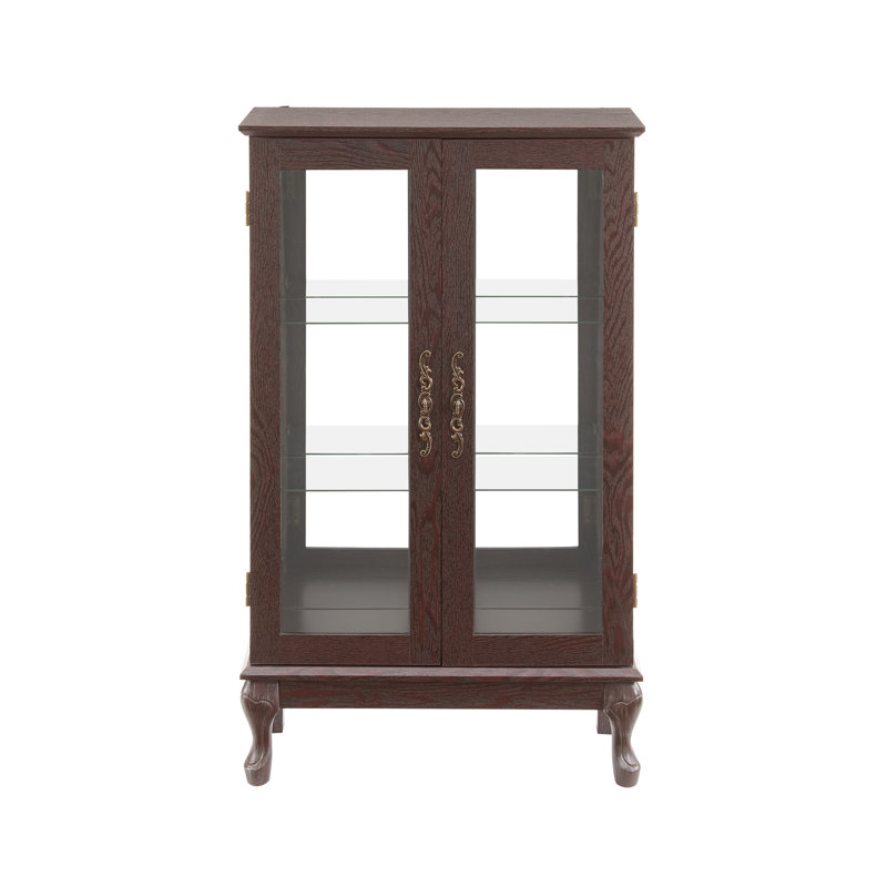 2 Doors  Cabinet With Tempered Glass Doors,  Cabinets With Mirrored Back Panel And Adjustable Shelves, Lighted Display Cabinet For Home, Office Light Bulb Included Cherry
