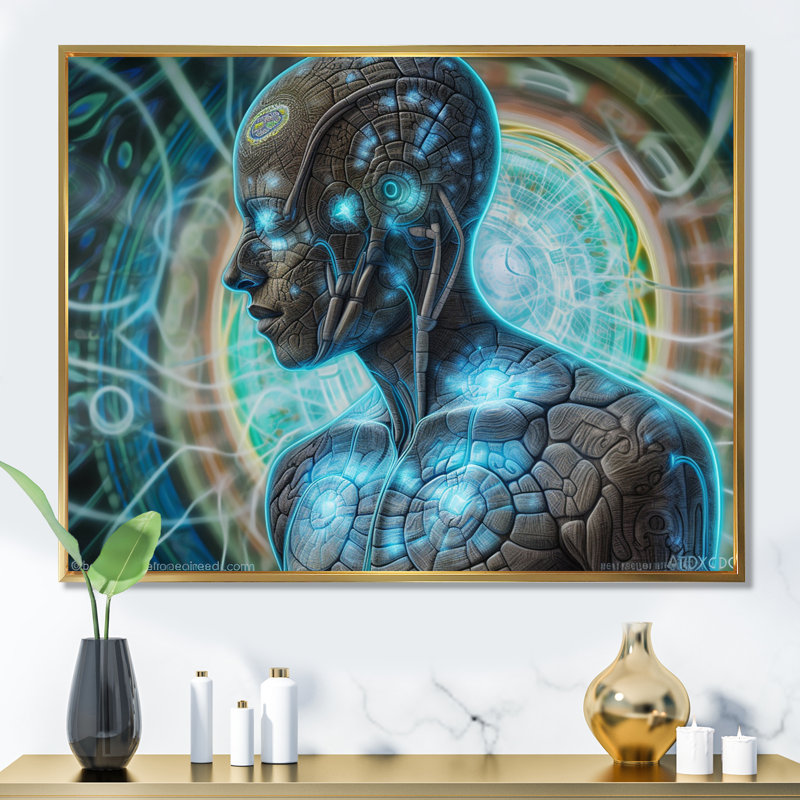 " Future Telepathy Turquoise Cybog ", Gold Floater Framed, 12" H x 20" W x 1" D