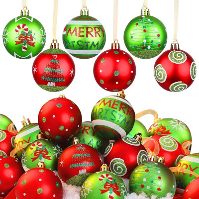 30 Pcs Outdoor Christmas Ornaments, 2.4" Mini Xmas Tree Elf Swirl Ball Decoration, Red Green Christmas Ornament Set, Glittering String Ball Plastic Hanging Decor For Lawn Yard Holiday Party