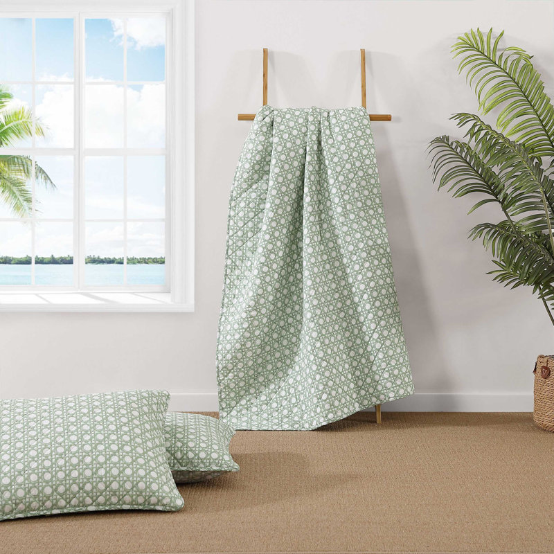 Tommy Bahama Aubrey Cotton Reversible Quilt Set, Green Geometric, King Quilt + 2 King Pillow Shams