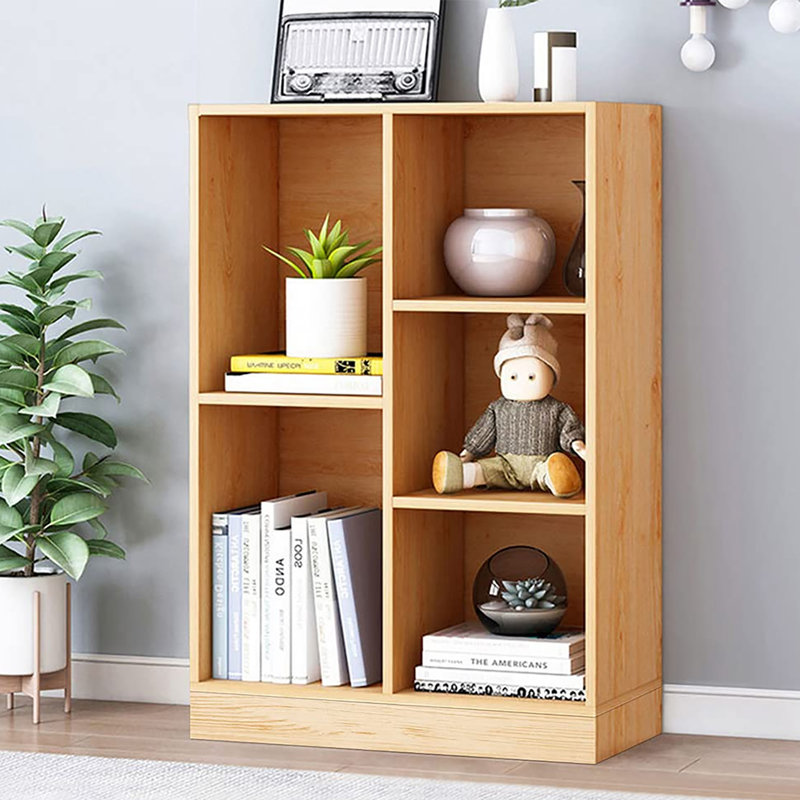 Bibliothèque à 3 niveaux avec tablette ouverte en bois avec base, présentoir 5 cubes et rangement en un, Jaune poire