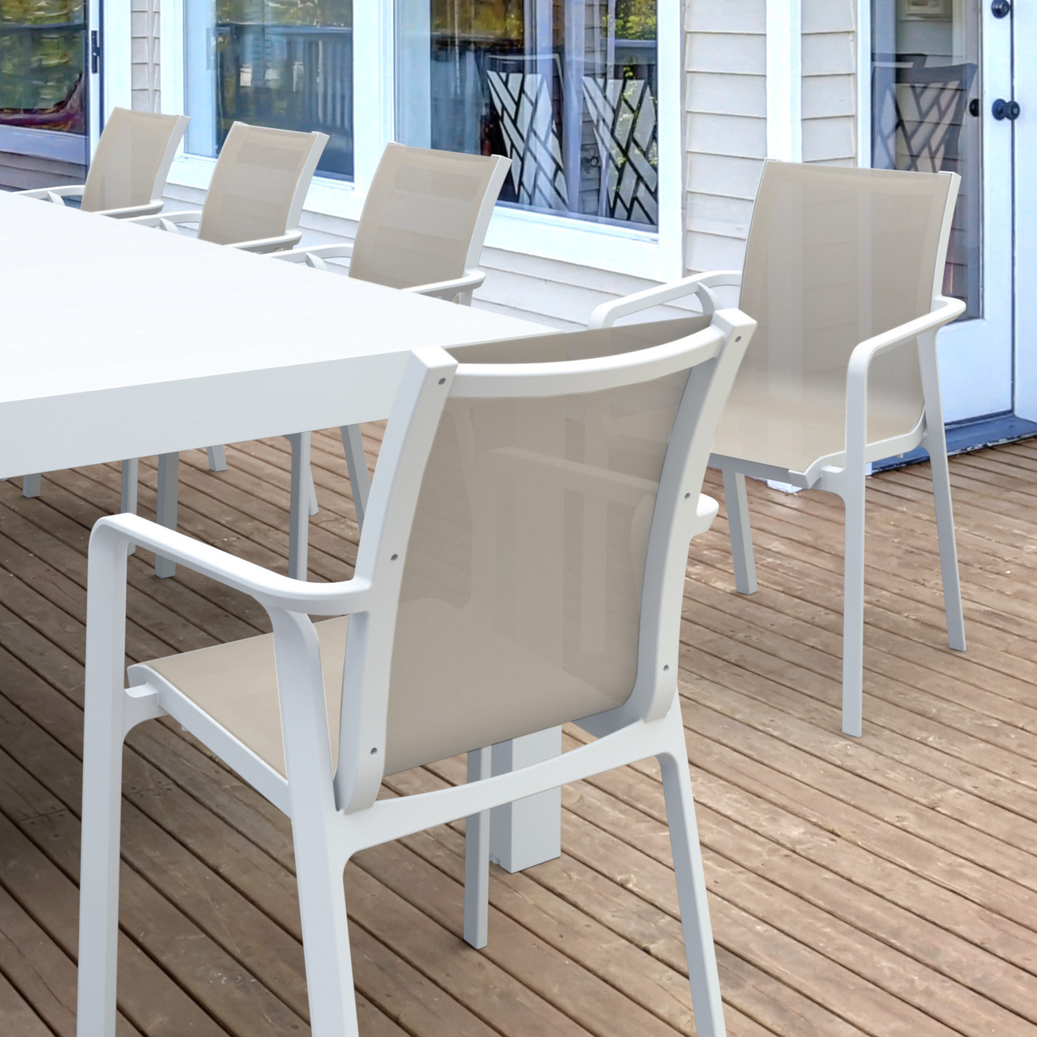 Farrah 118" Patio Dining Set, White/Taupe