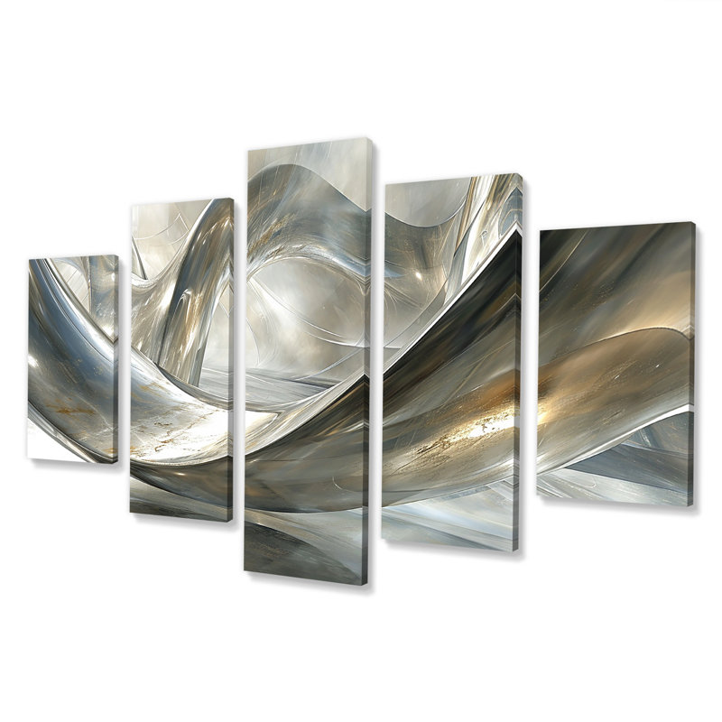 Diamant, ruisseaux argentés - Vagues, art mural pour le salon, 5 pièces, H 32 po x l 60 po