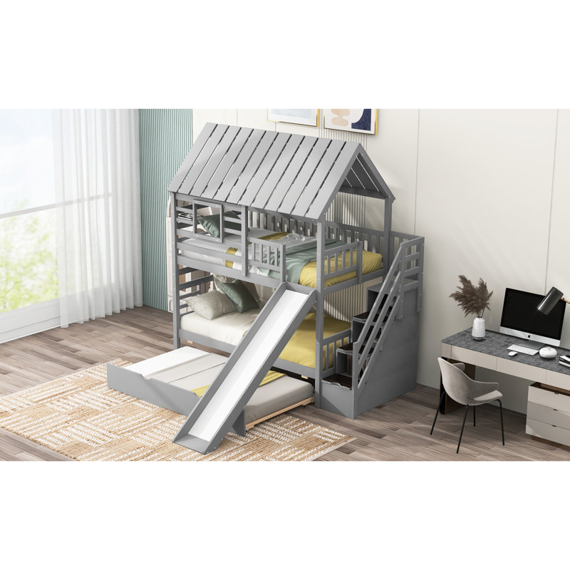 Lit simple / simple avec lit gigogne, glissade grise et rangement fiable au-dessus d'un escalier, construction stable