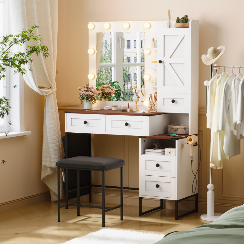 Bureau de maquillage avec miroir, 5 grands tiroirs, 3 ampoules à modes de couleurs réglables