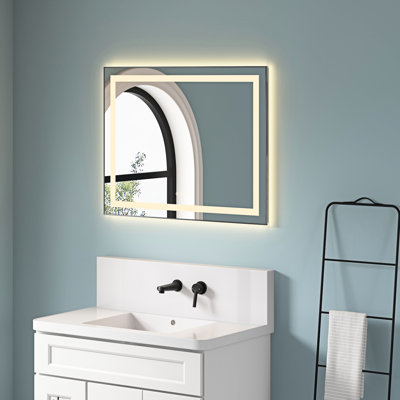 Miroir de salle de bain à DEL 36 po x 28 po avec façade et rétroéclairage, brouillard, 3 couleurs, cadre en aluminium, mémoire, éclairage de meuble-lavabo, fonction de brouillard, température de couleur, fonction de mémoire, finition cendrée