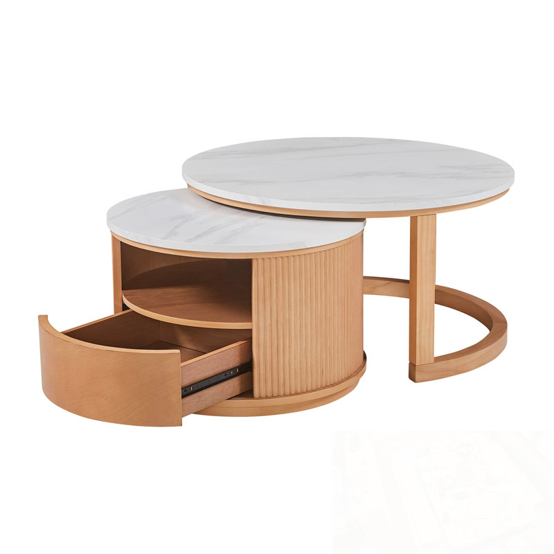 Table basse ronde gigogne avec rangement à 2 niveaux et 1 tiroir