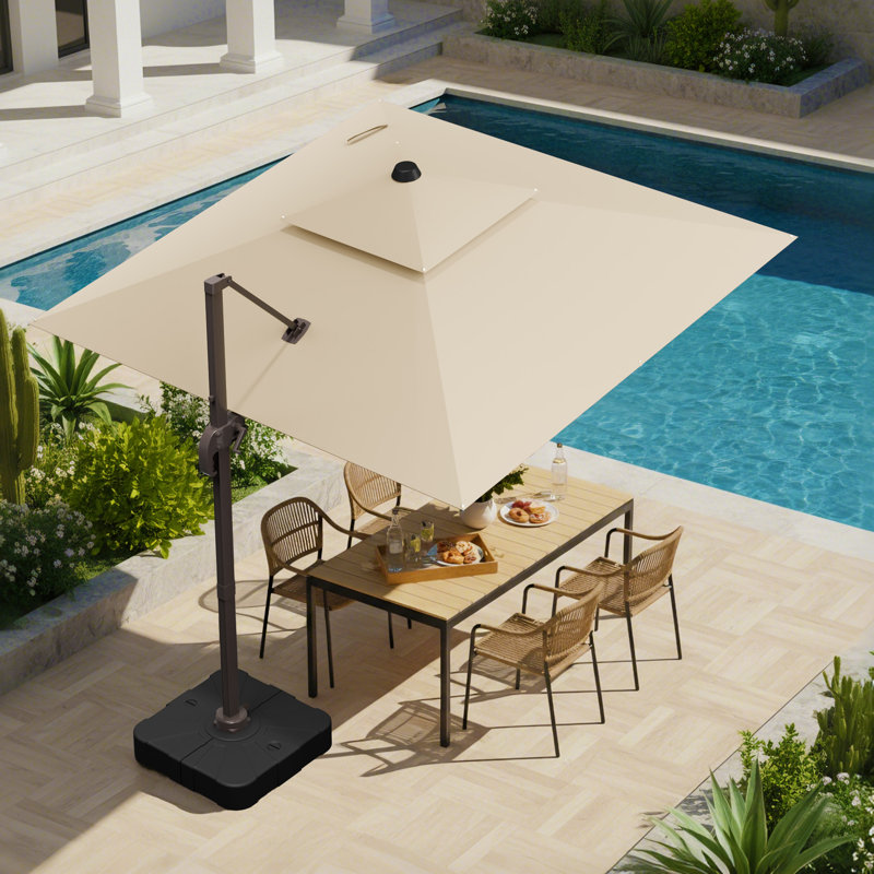 Parasol extérieur à double plateau avec base, 8 nervures en aluminium renforcé, inclinaison à 6 positions, Beige