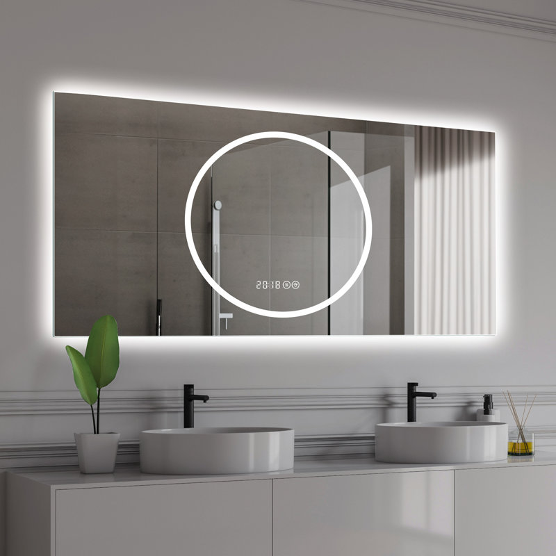 Miroir de salle de bain 48 "X24" avec cuivre argenté de 5 mm, brouillard, 3 températures de couleur, deux options d'alimentation, intensité variable, -