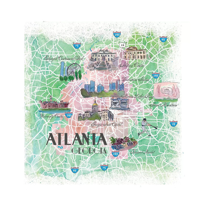 Atlanta Georgia USA Illustrated Map by Markus & Martina Bleichner - Painting on Canvas, 30.48cm H x 30.48cm W x 1.91cm D