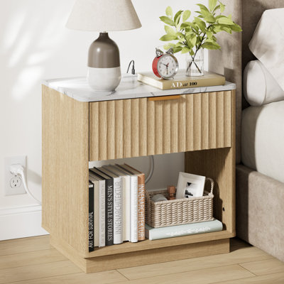 Seyla 23.6''W Drawer Nightstand with Charging Station Outlet, Fluted Wood Nightstand with Open Shelf Cubby for Bedroom Living Room