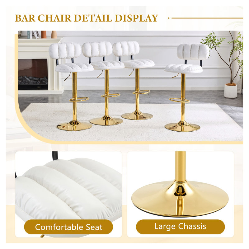 Ensemble de 2 tabourets de bar à hauteur réglable, siège rembourré en similicuir blanc, piètement et repose-pieds en métal doré, idéal pour un îlot de cuisine ou un bar à domicile.
