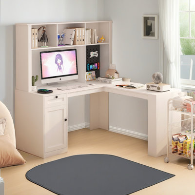 L Shaped Desk With Outlet, Computer Desk With Drawers, Bookshelf & Hutch, Modern Corner Desk, Home Office Desk,L-Shaped Study Table Writing Desk,Corner Gaming Computer Desk With Storage