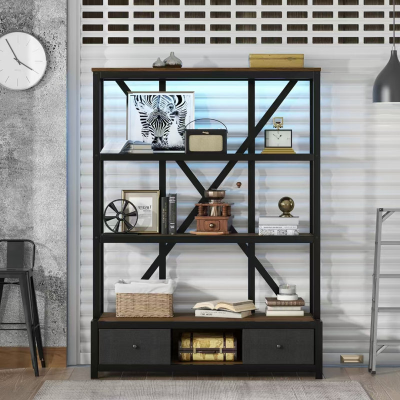 Bibliothèque à 3 tablettes en métal avec tiroirs pour le bureau personnel, bibliothèque ouverte, bibliothèque de style industriel rétro avec DEL, couleur noyer