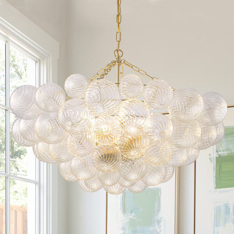 Gold Chandeliers With Ribbed Globe Glass, 6 Lights, 20.25" H x 29.25" W x 29.25" D