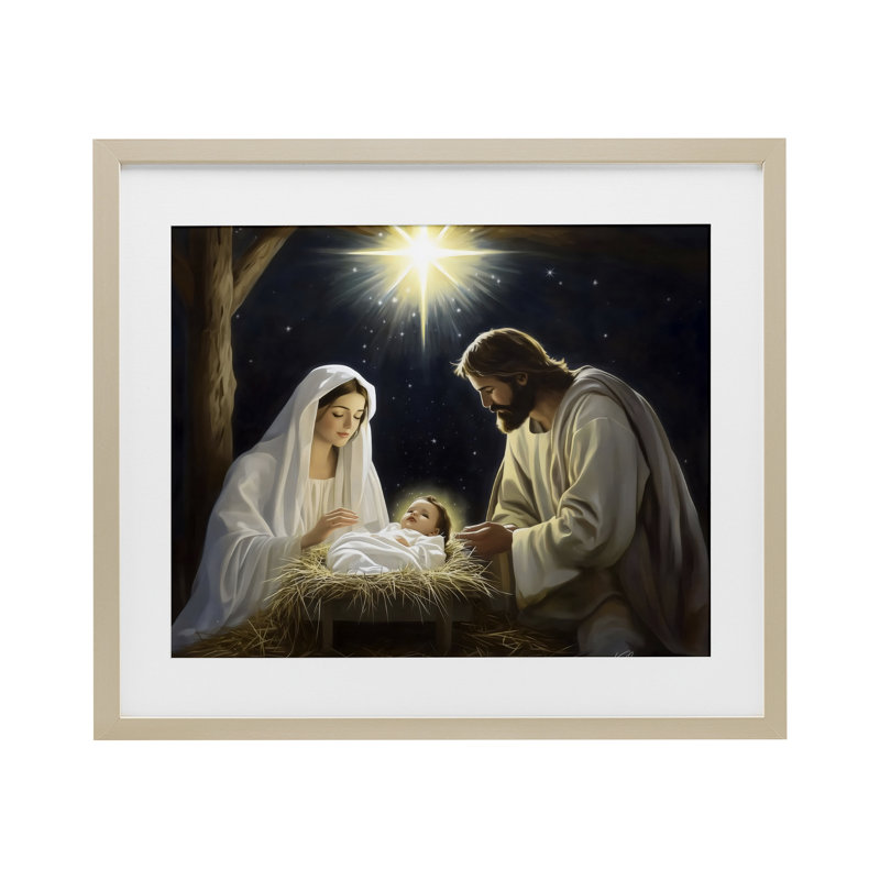 Scène de la Nativité «Peaceful Night», reproduction sous verre, design par Arlington Prints, Cadre de récolte en pin