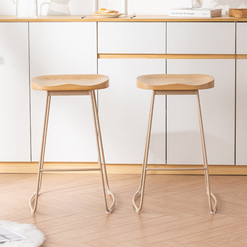 Bar Stools Set of 2 Rustic Counter Stools with Solid Wood Saddle Seat & Metal Legs, Backless Kitchen Island Stools for Breakfast Bar & Home Decor