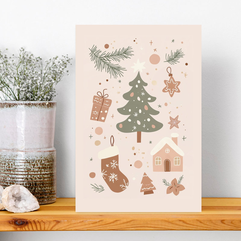 Cozy Christmas Elements Abstract Contemporary Christmas Tree Pine Winter Architecture Wall Art Print 1 Piece Wrapped Canvas Wall Art