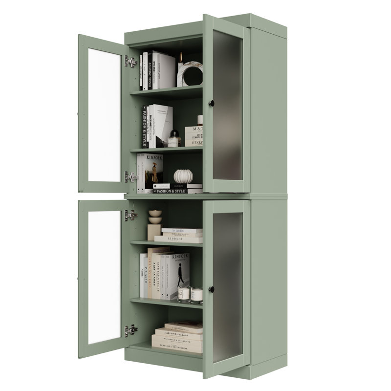 Uriyah 100% Solid Wood 6-Shelf Bookcase with Frosted Glass Doors and Adjustable Shelves, Sage