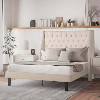 Cambridge Upholstered Tufted Wingback Platform Bed with Solid Deck (8" Leg), Queen Size