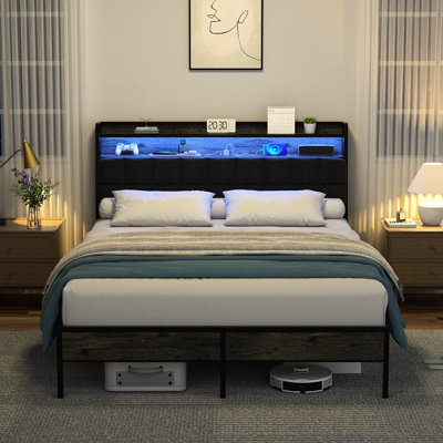 Full Bed Frame Featuring Ergonomic Headboard With 2 - Tier Storage, Led Lights For A Soothing Ambiance, Charging Station, And Under Storage. Black Metal, Engineered Hardwood Dynamic Wood
