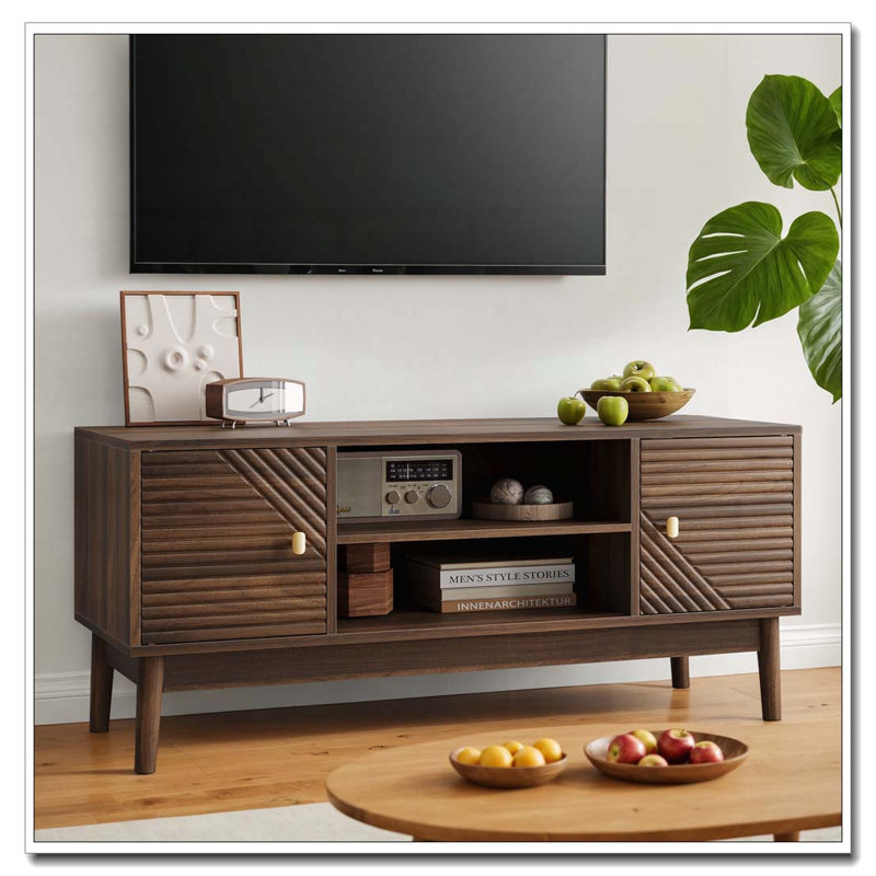 Meuble télé de 110 cm (43,31 pouces), de style moderne du milieu du siècle, pour téléviseurs de 81/114 cm (32/45 pouces), meuble multimédia avec rangement
