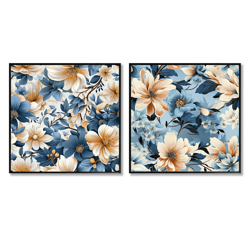 Blue Retro Finesse Floral Motif III - ensemble de 2 collages floraux carrés, Cadre flottant noir, H 16 po x l 33 po