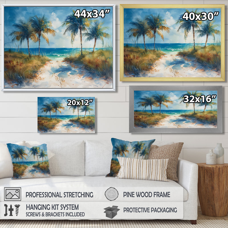 «Blue Green Palm Trees Coastal Breeze II - Palmiers et palmiers», reproduction d'art mural, Cadre flottant noir