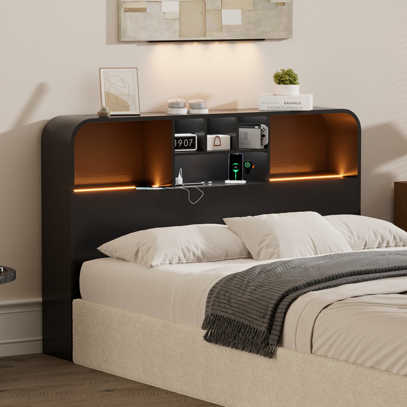 Tête de rangement avec lumières DEL et station de charge, Grand lit, Noir
