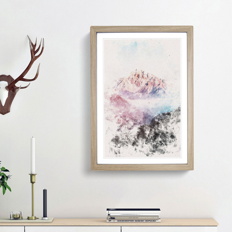 Fog Over Misurina Mountain In Italy Watercolour - Picture Frame Graphic Art, 45cm H x 33cm W x 2cm D, Oak Framed
