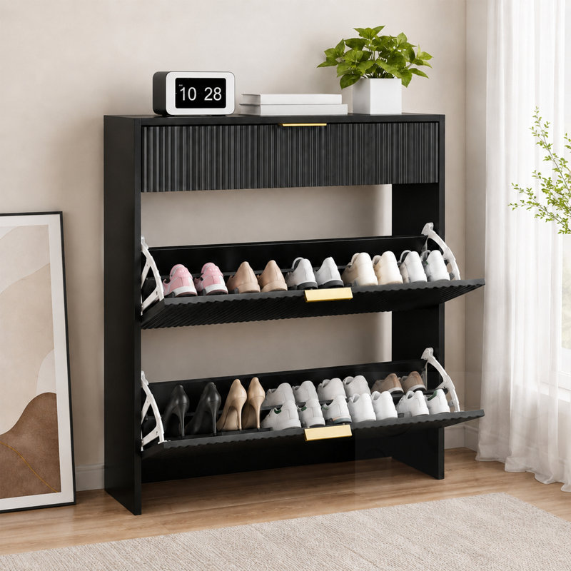 Meuble à chaussures cannelé avec tiroir, Noir
