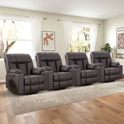 37.8" Wide Faux Leather Power Lift Assist Heated Massage Home Theater Individual Seat with Dual Cup Holders & USB