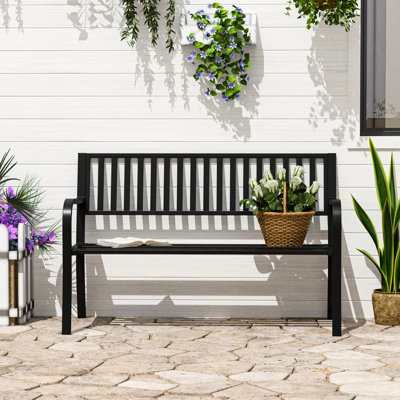 Banc de patio en métal de 50 po en noir, siège à lattes pour le jardin extérieur, la cour, la piscine, la pelouse et la mode, pouvant accueillir 2 personnes, facile à nettoyer une fois de temps, cour noire élégante, s'adapte aux personnes
