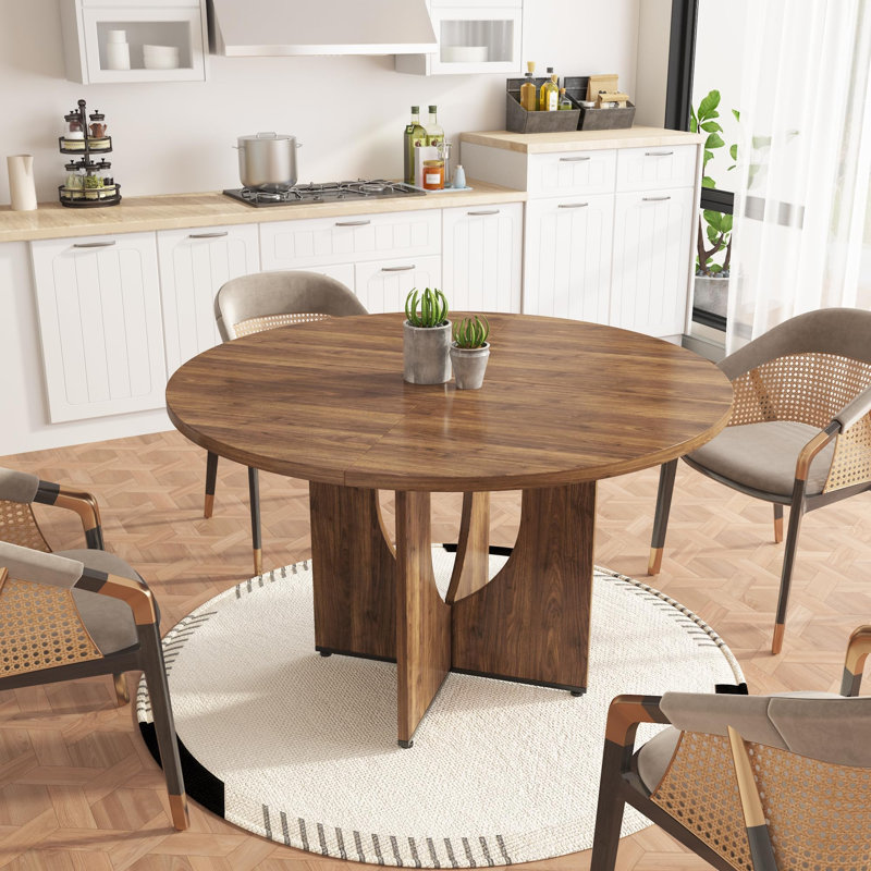 47 Inch Round Dining Table for 4-6 People, Modern Farmhouse Kitchen Table, Brown