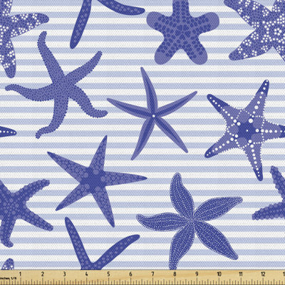 fab_170318_Ambesonne, tissu nautique à la cour, différents types d'étoiles de mer sur fond de rayures pastel aux tons pastel, tissu décoratif pour le revêtement et les accessoires de maison, bleu indigo blanc