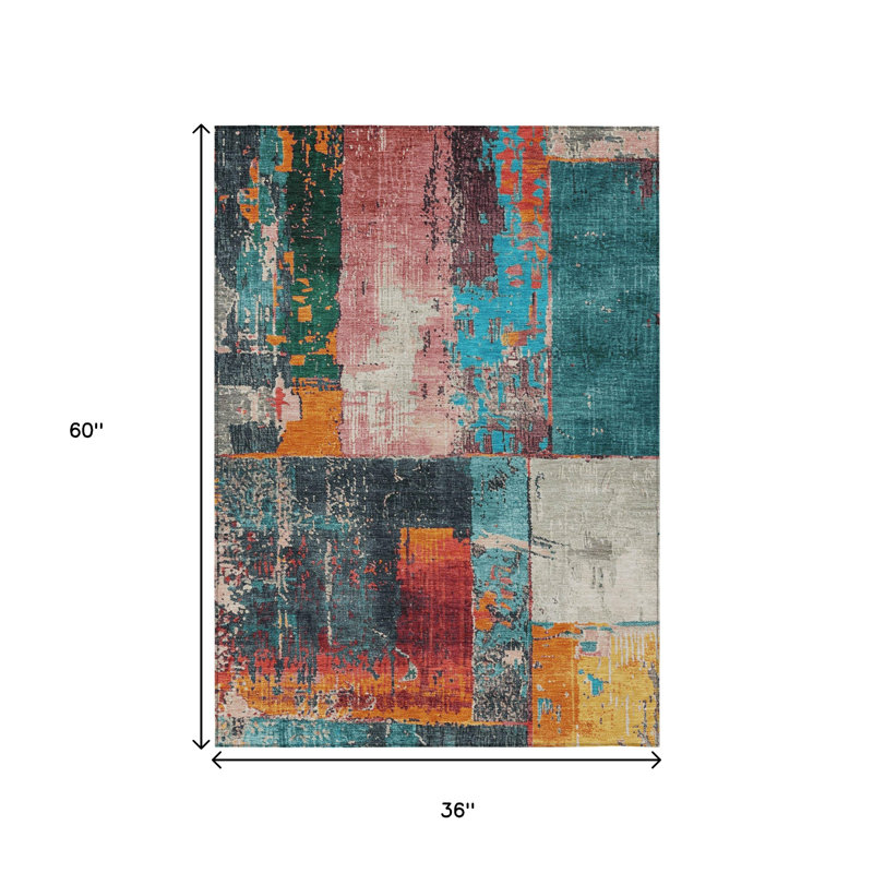 3' X 5' Teal Blue And Orange Abstract Washable Indoor Outdoor Area Rug