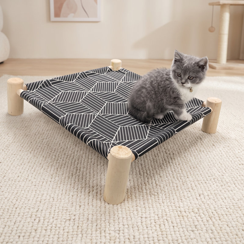 Lit surélevé portatif en maille respirante pour animaux de compagnie, cadre de repos surélevé en bois pour chatons, chiots et petits animaux de compagnie, motif diamant noir, utilisable à l'intérieur comme à l'extérieur