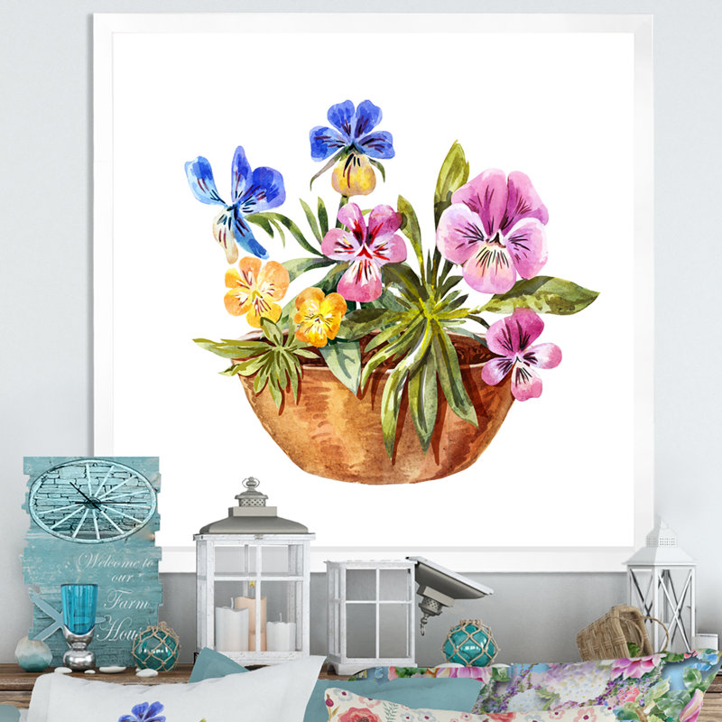 Mauve, rose et bleu, fleurs de violette - sur, H 16 po x l 16 po x P 1 po, Toile blanche avec cadre photo