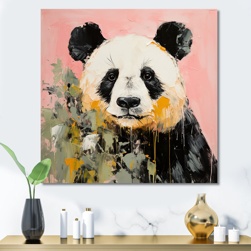 Panda blanc et rose en fleurs II - art mural animal panda, Toile tendue, 30" H x 30" W