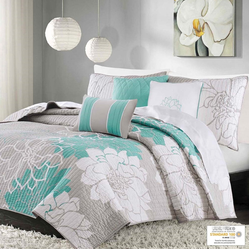Courtepointe 6 pièces, double / grand, imprimé en coton, floral pour une ambiance de chambre à coucher réversible, literie imprimée avec coussins décoratifs, douce et respirante