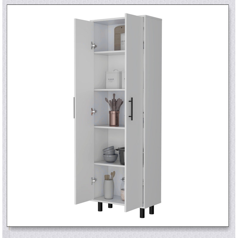Garde-manger à 2 portes et 5 tablettes Fagan en blanc, solution de rangement spacieuse et élégante pour les cuisines modernes.