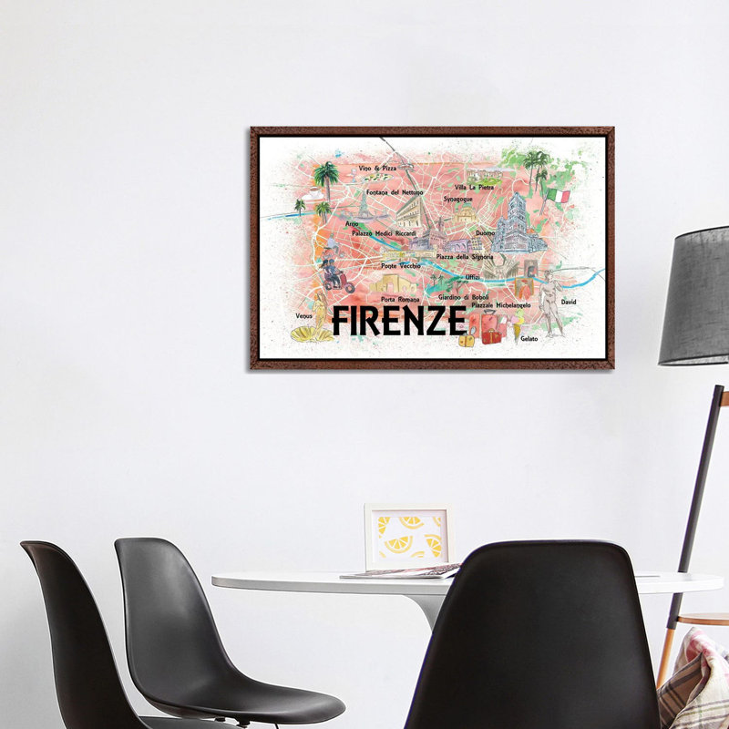 Florence Italy Illustrated Map With Roads Landmarks And Highlights by Markus & Martina Bleichner - Print on Canvas