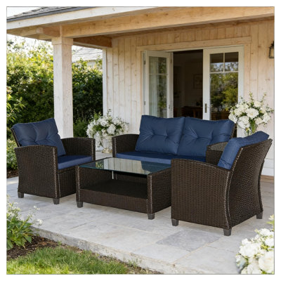 Ensemble de canapé modulaire d'extérieur 4 pièces avec table basse, meubles de patio en rotin bleu et brun