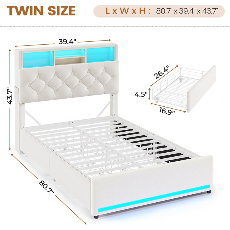 Lit plateforme tapissier avec rangement, Double, Blanc
