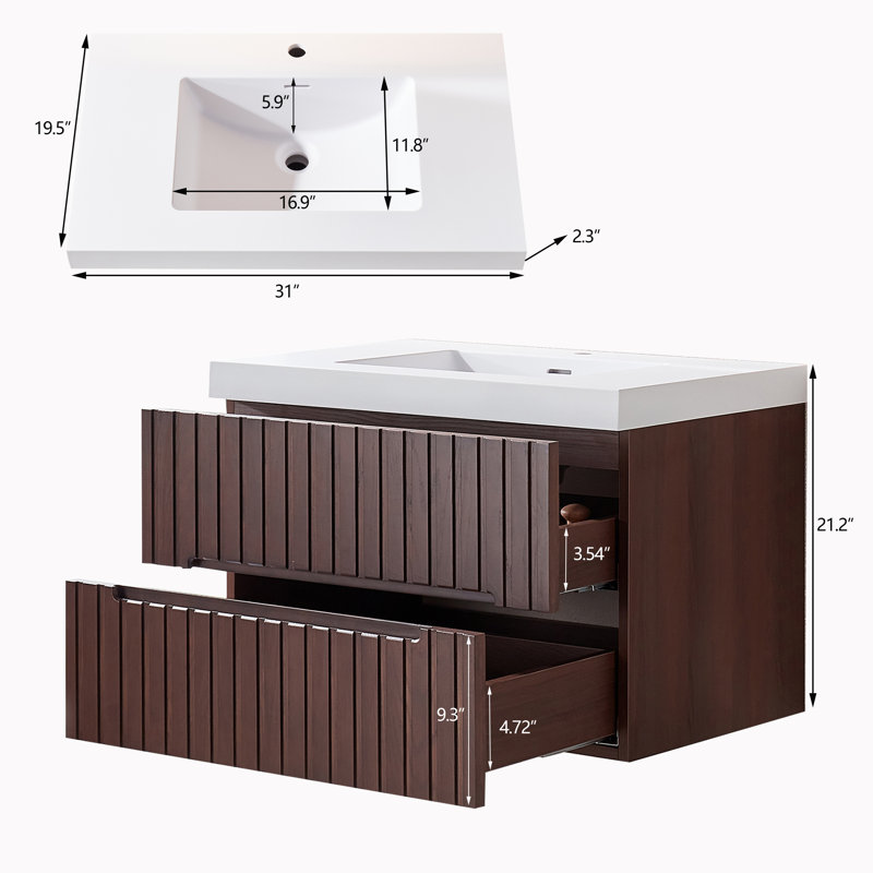 Meuble-lavabo suspendu de 76 cm (30 po) avec lavabo intégré en acrylique, 2 tiroirs et fini noyer foncé, 30"