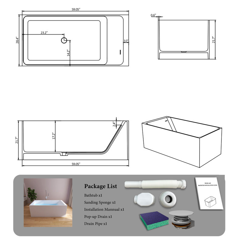59" Freestanding Solid Surface Soaking Bathtub Thick Backrest Rectangle Tub In White