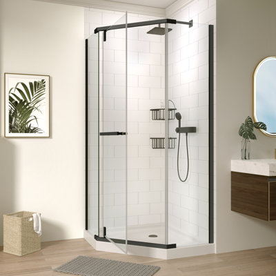 Cabine de douche d'angle sans cadre 91,4 cm x 91,4 cm x 182,9 cm, cabine de douche néo-angle avec verre trempé transparent de 6 mm, porte de douche pivotante avec pellicule anti-explosion et nano-revêtement en finition noir mat