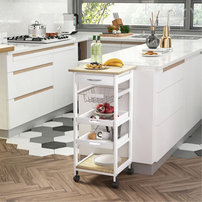 Mobile Kitchen Cart, Rolling Kitchen Island With Storage, Solid Wood Frame Utility Cart With Wire Fruit Baskets, Trays And Drawer