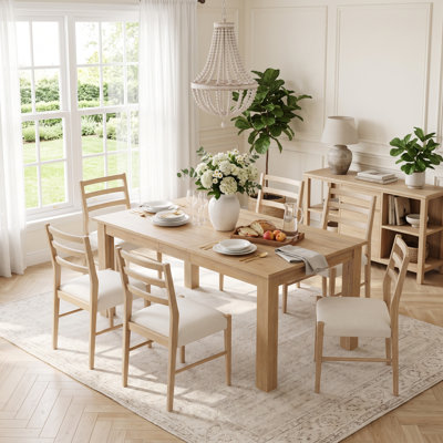 Ensemble de salle à manger extensible 7 pièces Rustic French Country, table en placage d'acacia délavé au bois naturel avec pieds en bois d'hévéa épais de 3,7 po et 6 chaises rembourrées en tissu