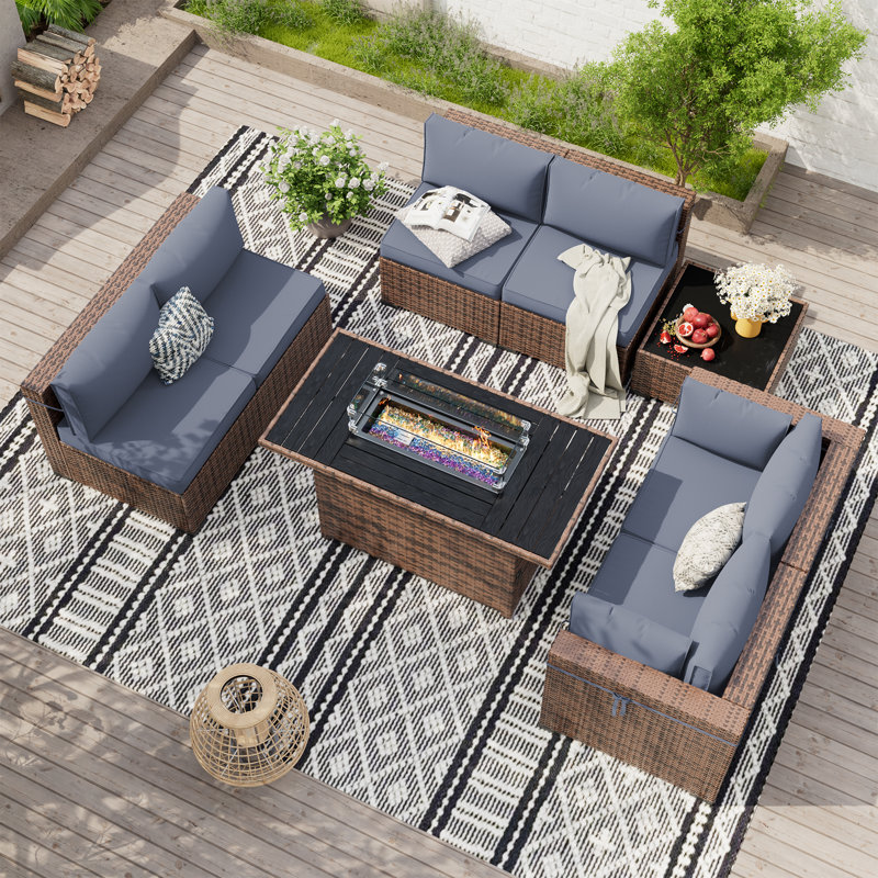 Babak Rattan Sectional Conversation Sets With Fire Pit Table, Coffee Table, Gray, 6